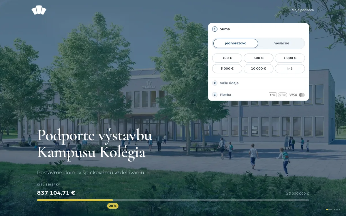 Darovací portál dar.kolegium.org: kampaň na Kampus Kolégia s formulárom daru v troch krokoch.